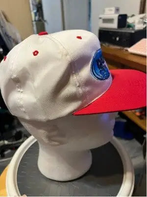 White baseball cap with red brim and blue checkered flag sports logo for Daytona 500