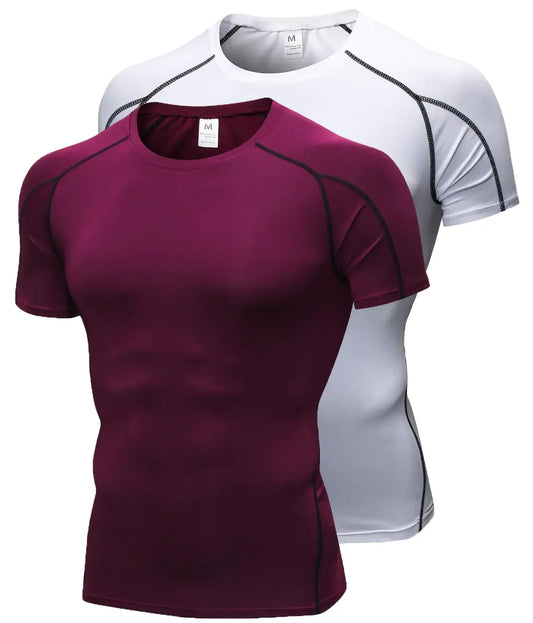 Two athletic short sleeve compression shirts ideal as running tops and base layer for workouts