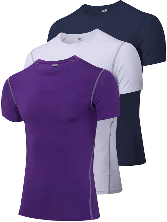 Three stacked men’s short sleeve athletic compression shirts with moisture-wicking and quick-drying properties