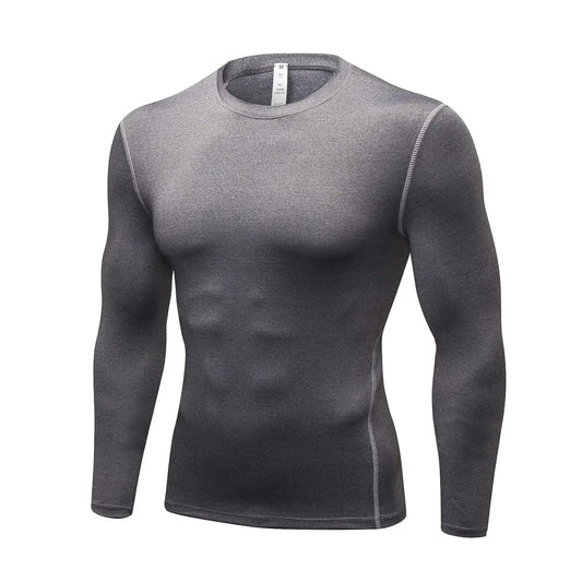 Gray long sleeve compression shirt for men ideal for workout, running, and athletic activities