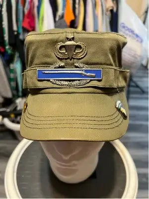 Men’s Falcon Olive Green Military Style Cap with Pins featuring parachute and infantry badges