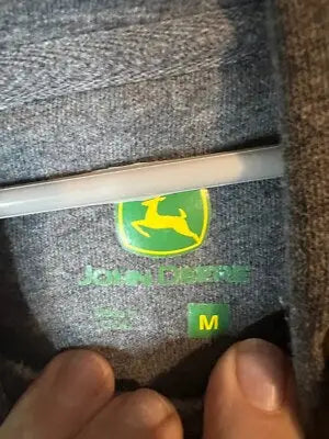 Gray John Deere men’s T-shirt displayed with Men’s John Deere Hoodie Size M