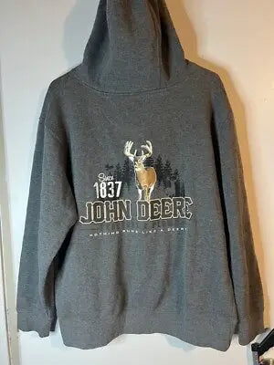 Gray John Deere hoodie with deer graphic and John Deere text for men’s size M