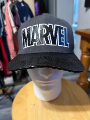 Gray and black Marvel hat with bold Marvel logo, one size men’s baseball cap