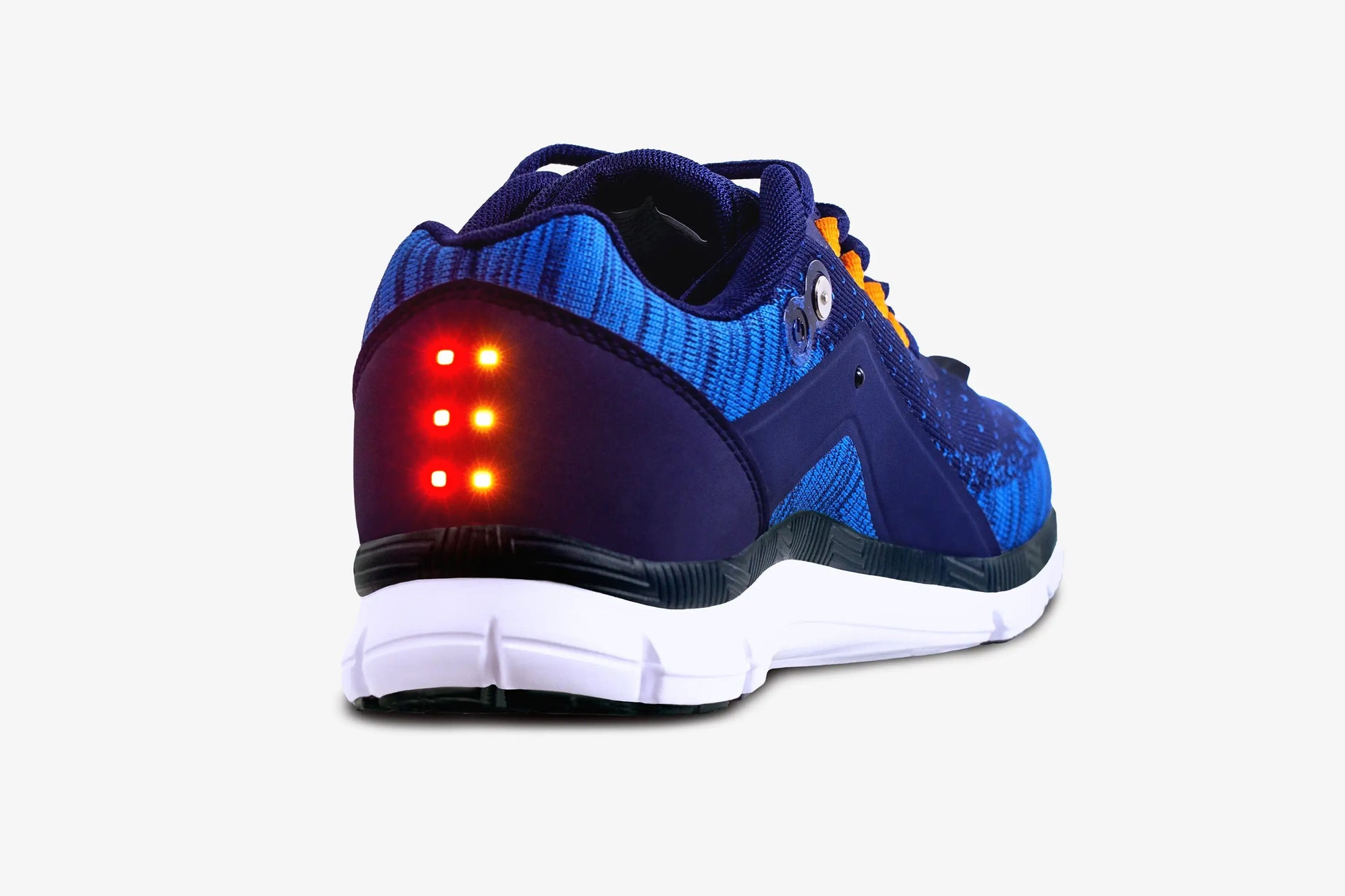 Blue and purple Men’s Night Runner shoes with built-in safety lights and red heel LEDs
