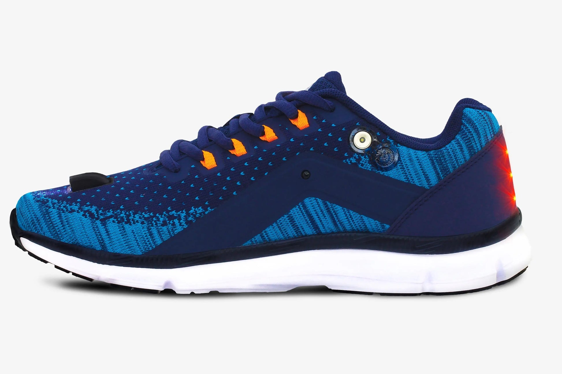 Blue night runner shoes with orange eyelets and light-up heel for safety