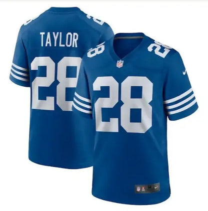 Blue Nike Jonathan Taylor Indianapolis Colts jersey with white 28 and TAYLOR on back