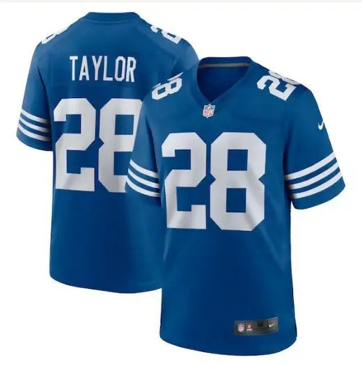 Blue Nike Jonathan Taylor Indianapolis Colts jersey with white 28 and TAYLOR on back