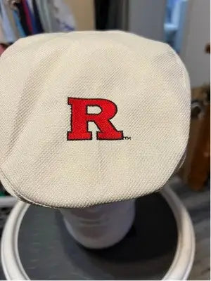 White flat cap with red embroidered R logo for Men’s NU-FIT Rutgers R Class of 1958