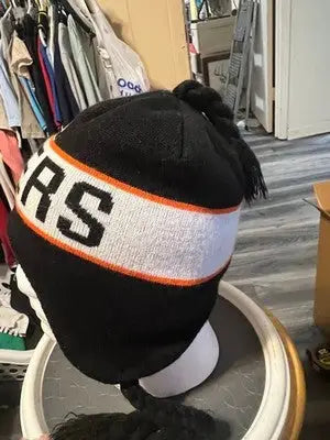 Men’s Old Time Hockey Philadelphia Flyers beanie with black knit, white stripe, orange pom-pom