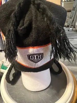 Men’s Old Time Hockey Philadelphia Flyers beanie with black knit, braided tassels, and white stripe