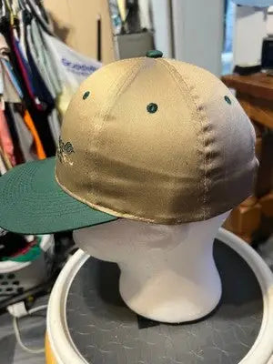 Men’s outdoor cap baseball hat with tan crown and dark green brim at The Boat Place