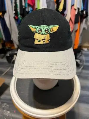Black Star Wars baseball hat with Grogu embroidered patch and light-colored brim