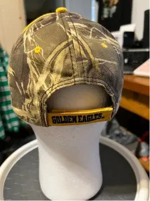 Camo baseball cap with yellow button and GOLDEN EAGLES embroidery on back strap