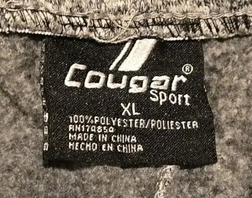 Clothing tag for Mens XL Cougar Sport 4 Pocket Sweatpants in Grey/Black 100% Polyester