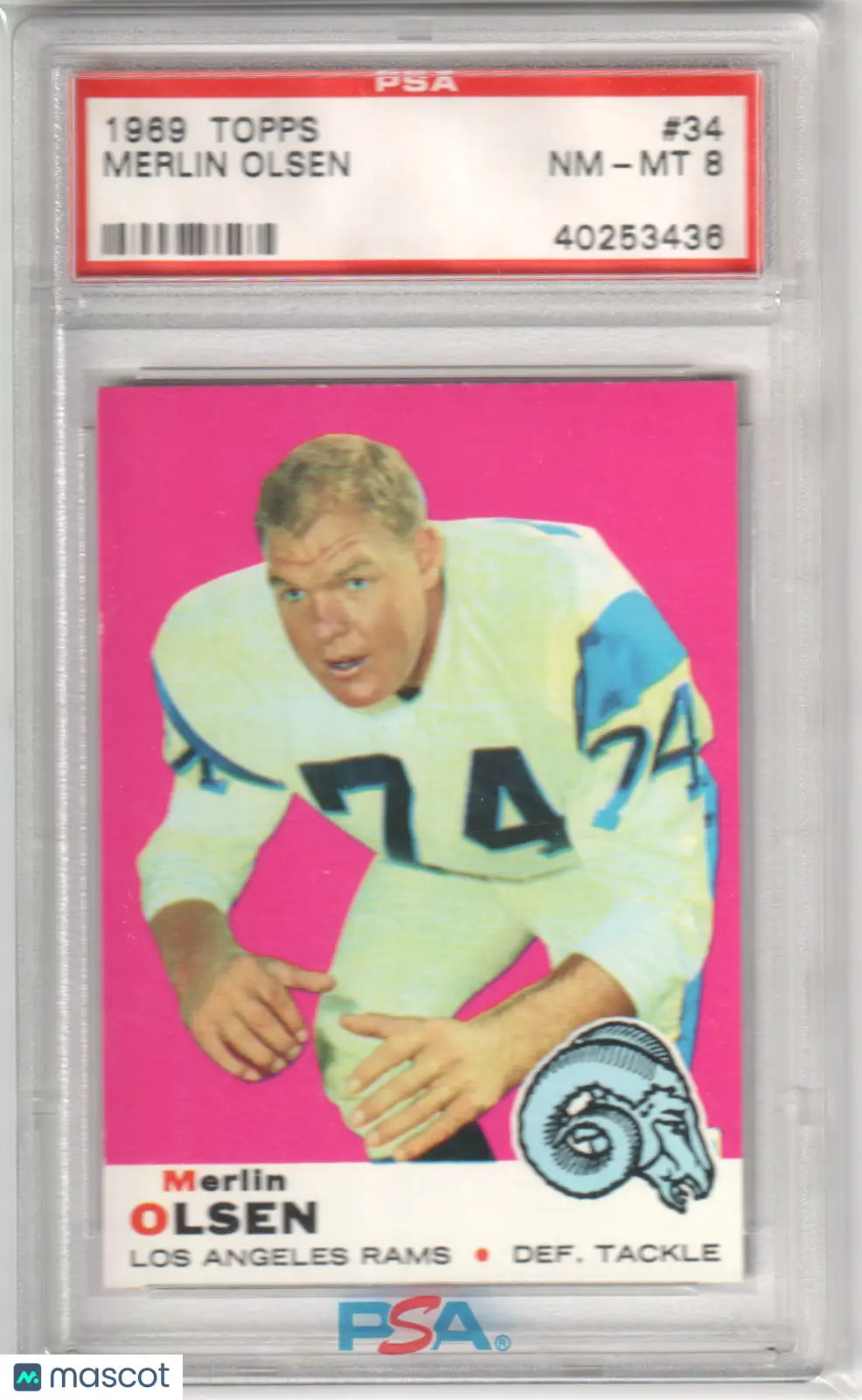 Columbia Hobby Merlin Olsen 1969 Topps #34 football card in NM-MT 8 condition