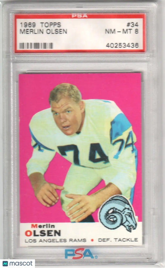 Columbia Hobby Merlin Olsen 1969 Topps #34 football card in NM-MT 8 condition