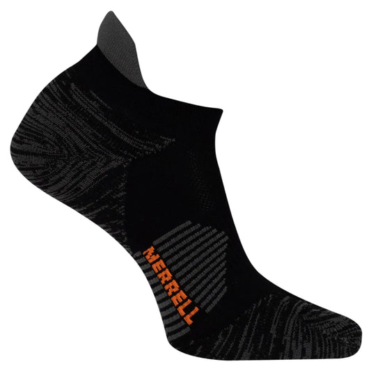 Black athletic sock with gray accents from Merrell Cushioned Ultra Light Running Socks Album