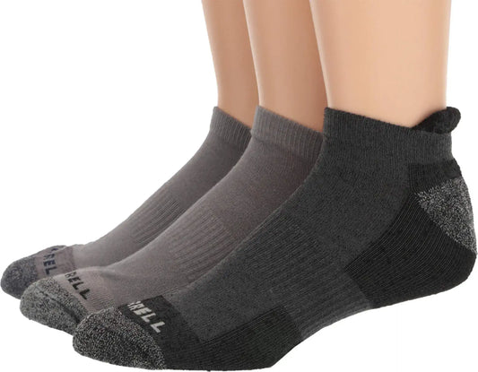 Three pairs of Merrell women’s low cut cushioned performance hiker casual socks in charcoal