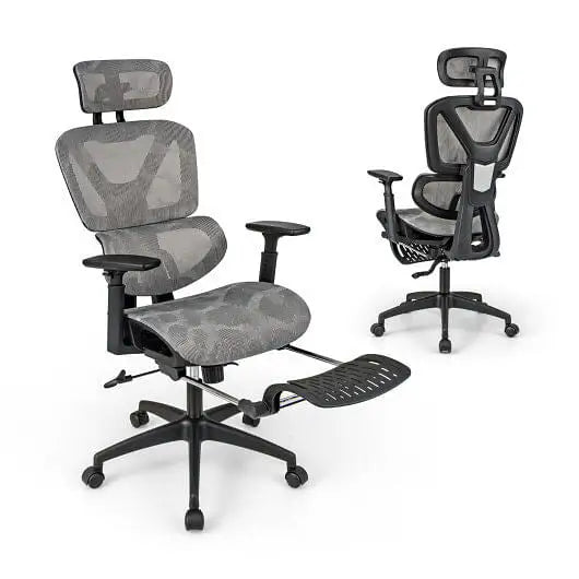 Mesh Office Chair with Tilting Backrest and Retractable Footrest-Gray - Color:Gray - Office Chair