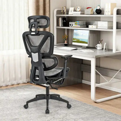 Mesh Office Chair with Tilting Backrest and Retractable Footrest-Gray - Color:Gray - Mesh Chairs