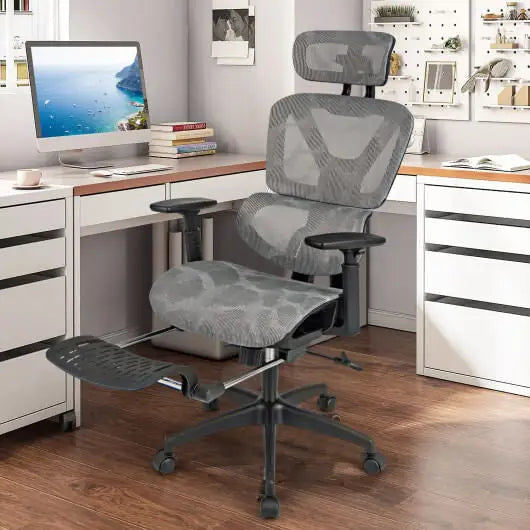 Mesh Office Chair with Tilting Backrest and Retractable Footrest-Gray - Color:Gray - Office Chair