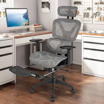 Mesh Office Chair with Tilting Backrest and Retractable Footrest-Gray - Color:Gray - Office Chair