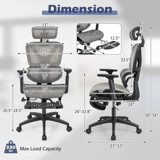 Mesh Office Chair with Tilting Backrest and Retractable Footrest-Gray - Color:Gray - Office Chair