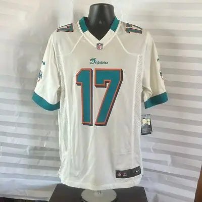White Miami Dolphins NFL team jersey featuring Tannehill quarterback #17 on display