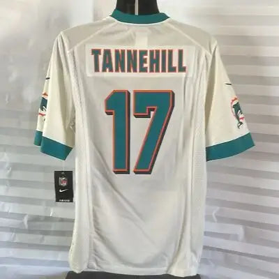 White Miami Dolphins NFL team jersey with Tannehill and 17 for football fans