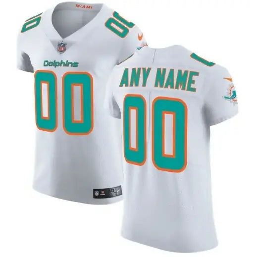 White Miami Dolphins Nike Vapor Untouchable Elite Custom Jersey with teal numbers and orange trim