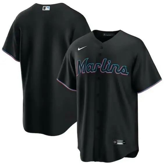 Black Miami Marlins Nike Alternate Replica Team Jersey displayed in the product image