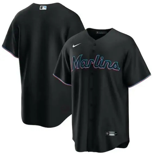 Black Miami Marlins Nike Alternate Replica Team Jersey displayed in the product image