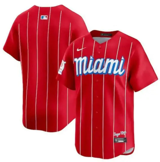 Red pinstriped Miami baseball jersey from the Miami Marlins Nike City Connect Limited collection