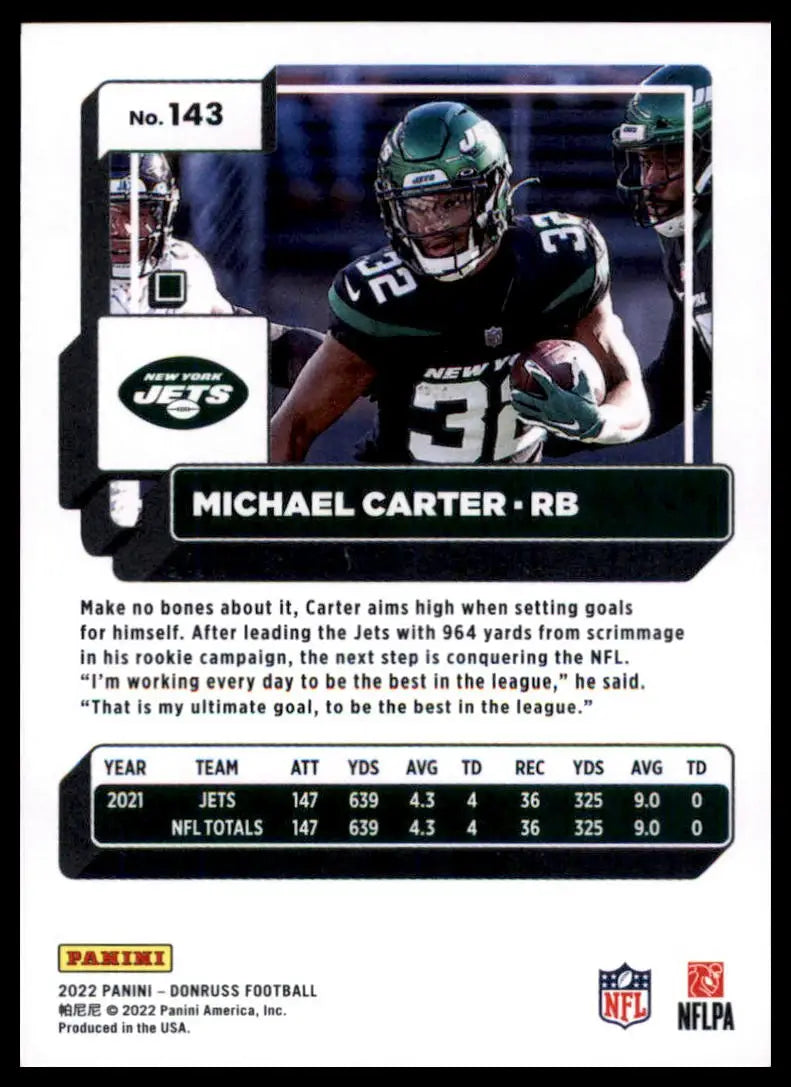 Michael Carter football card from 2022 Donruss featuring New York Jets player