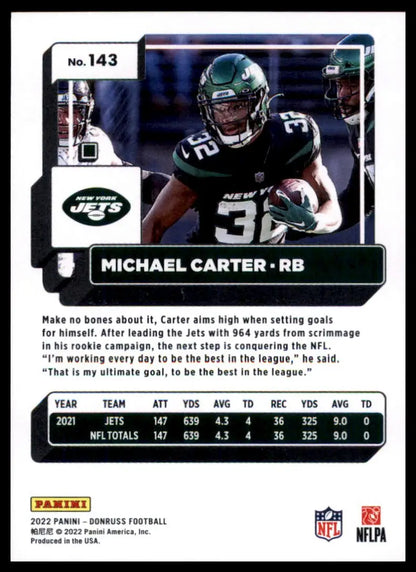 Michael Carter football card from 2022 Donruss featuring New York Jets player