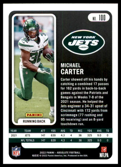 Michael Carter football card from Panini Absolute 2022 for New York Jets