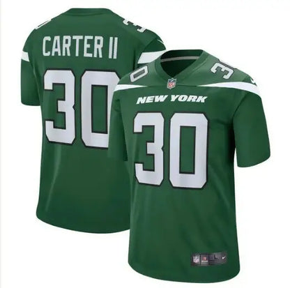 Green New York Jets Nike Game Jersey with number 30 featuring Michael Carter II