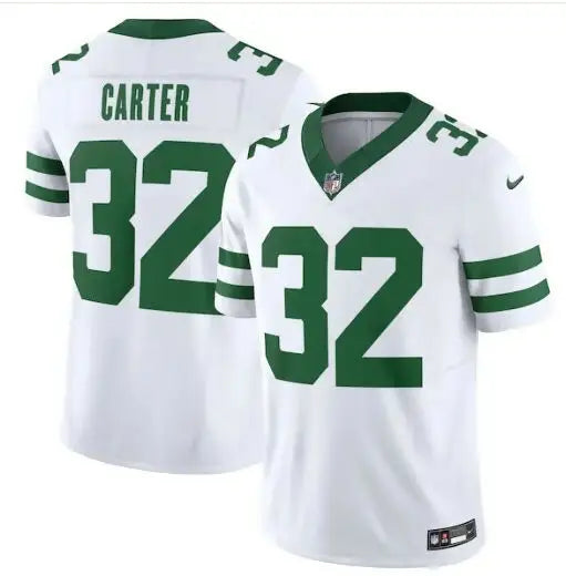 White and green Michael Carter New York Jets Nike Vapor F.U.S.E. jersey with number 32