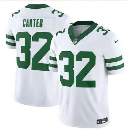 White and green Michael Carter New York Jets Nike Vapor F.U.S.E. jersey with number 32