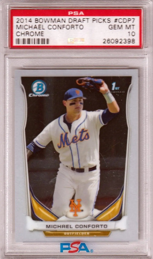 Graded Michael Conforto Bowman Draft Chrome baseball card displayed in Columbia Hobby packaging