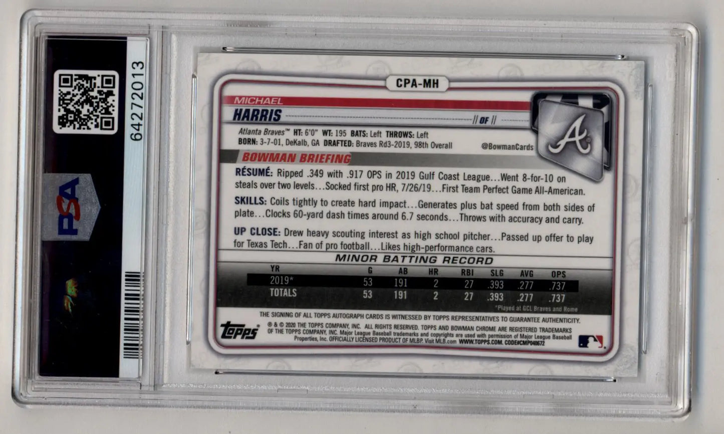 Michael Harris II 2020 Bowman Chrome Prospect Auto encased with QR code in holder