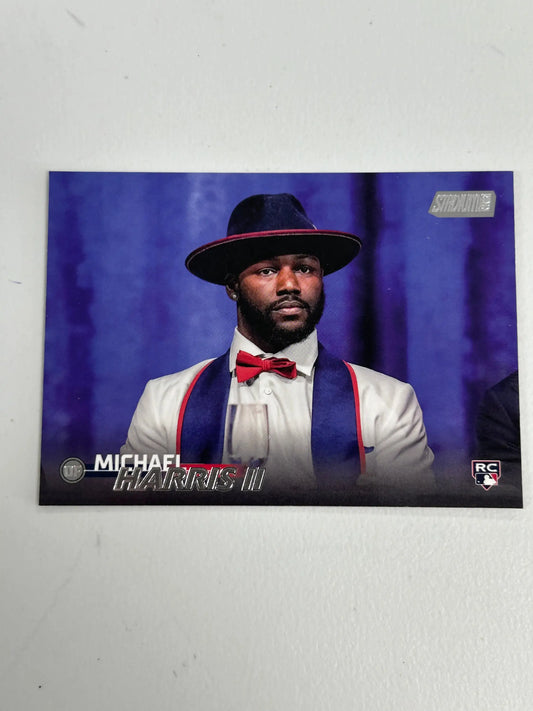 Trading card of Michael Harris II in black hat and navy suspenders Topps Stadium Club