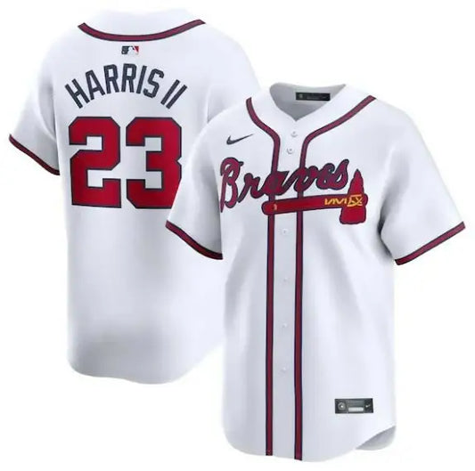 White Atlanta Braves Michael Harris II Nike Home Limited Player Jersey on display