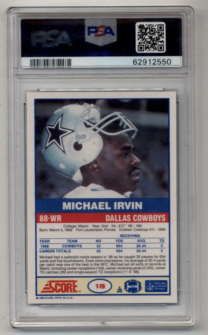 PSA-graded Michael Irvin 1989 Score gem mint trading card featuring the Dallas Cowboys star