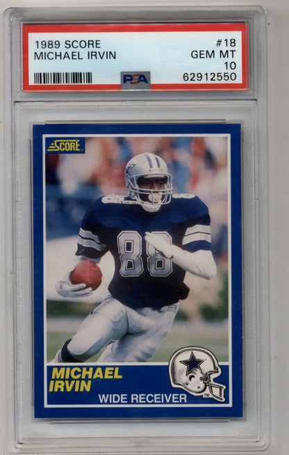 PSA-graded Michael Irvin 1989 Score Gem Mint trading card in protective case