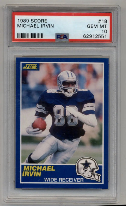Michael Irvin 1989 Score #18 PSA 10 Gem Mint trading card in protective case