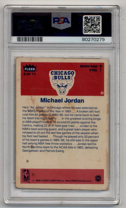 PSA-graded Michael Jordan 1986-87 Fleer Sticker #8 trading card with red background