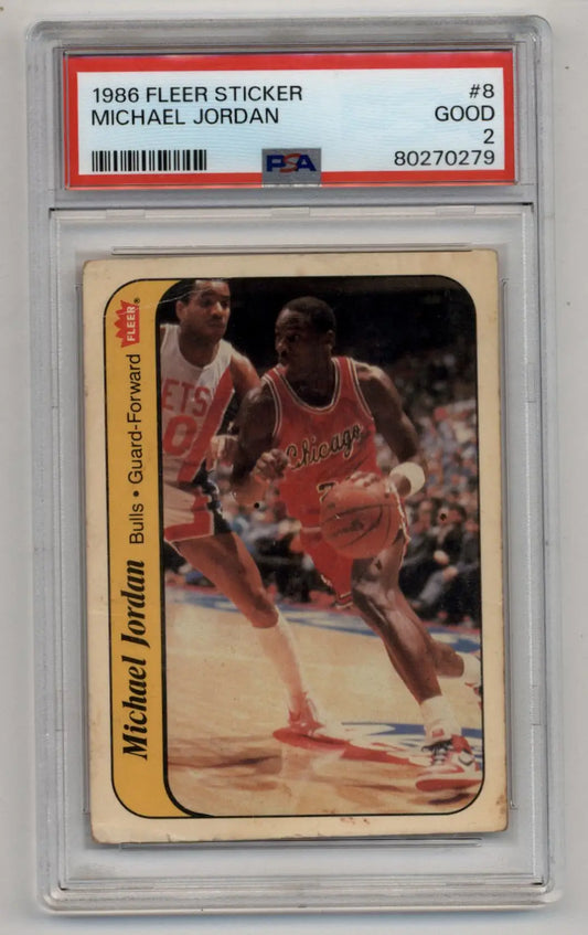 PSA-graded Michael Jordan 1986 Fleer Sticker in protective case for trading cards