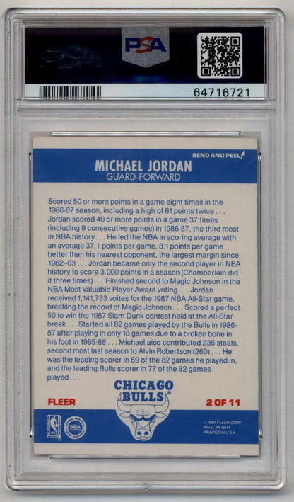 PSA-graded Michael Jordan 1987-88 Fleer Sticker #2 trading card back featuring the Bulls logo